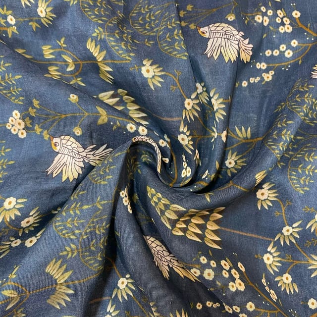 Navy Blue Color Pure Chanderi Silk Printed Fabric