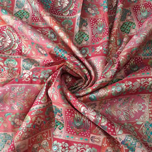 Red Color Dola Silk Jacquard Print with Embroidery Fabric