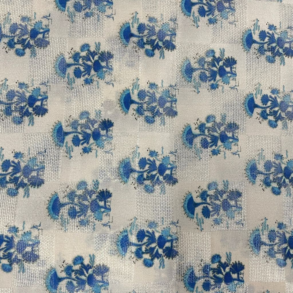 White Color Pure Silk Checknet Printed Fabric