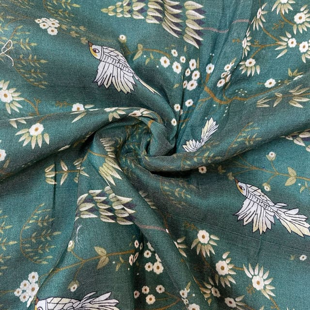 Bottle Green Color Pure Chanderi Silk Printed Fabric