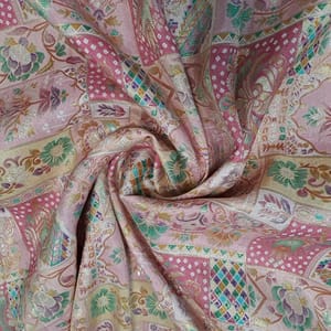 Peach Color Dola Silk Jacquard Print with Embroidery Fabric