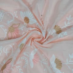 Peach Color Cotton Embroidered Fabric