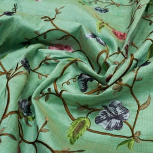 Green Color Poly Dupion Embroidered Fabric