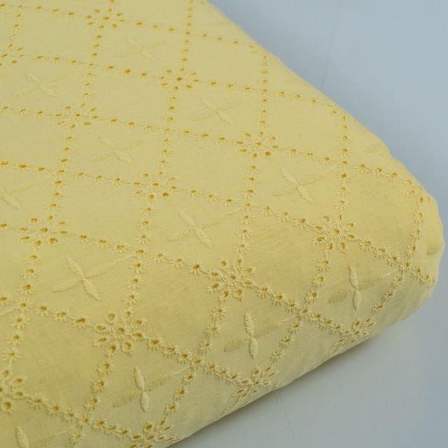 Lemon Color Cotton Chikan Embroidered Fabric (1.80Meter Piece)