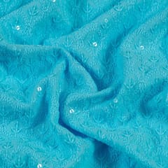 Sky Blue Color Rayon Chikan Embroidered Fabric (1.30Meter Piece)