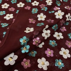 Wine Colour Georgette Sequins Embroidered Fabric (1.80Meter Piece)