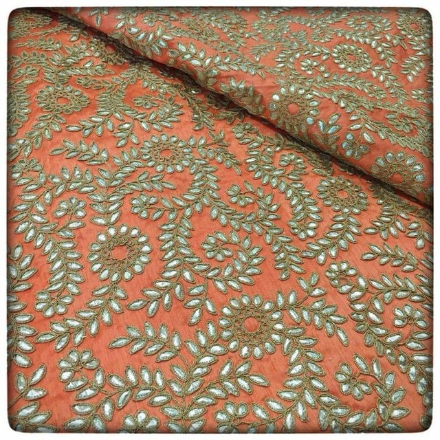 Peach Poly Dupion Embroidered Fabric (1.80Meter Piece)