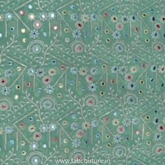 Lime Green Color Poly Georgette Thread and Mirror Embroidered Fabric (1.40Meter Piece)