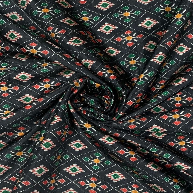 Black Color Tussar Silk Printed Fabric