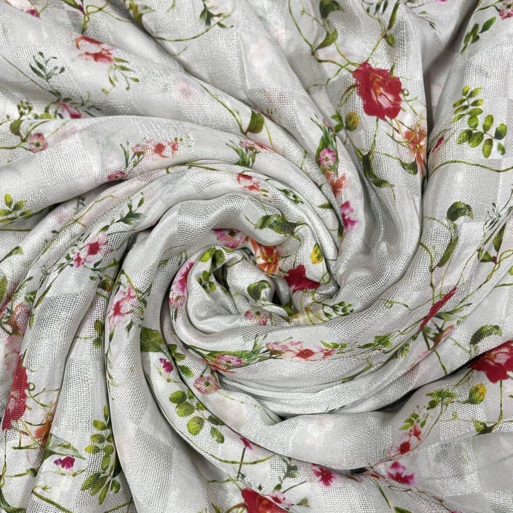 White Color Pure Silk Checknet Printed Fabric