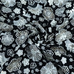 Black Color Georgette With Thread and Mirror Embroidered Fabric(1.30 Meter Piece)