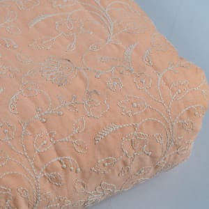 Peach Color Cotton Thread Lakhnavi Embroidered Fabric (1.95Meter Piece)