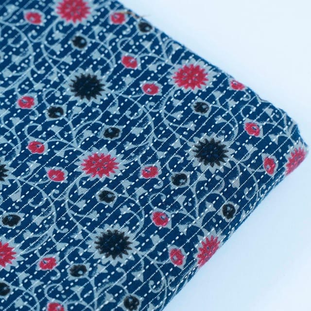 Blue Color Kantha Dobbi Ajarakh Printed Fabric(2.25 Meter Piece)