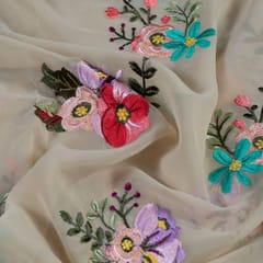 Fawn Color Georgette Thread Embroidered Fabric