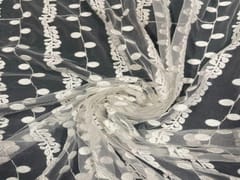 Dyeable Embroidered Net White Floral Stripes
