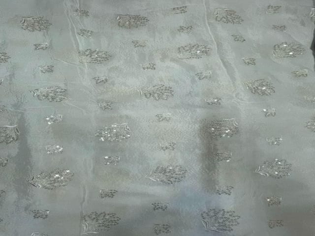 Dyeable Embroidered Chiffon White Silver Flowers
