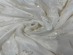 Dyeable Embroidered Chiffon White Silver Flowers