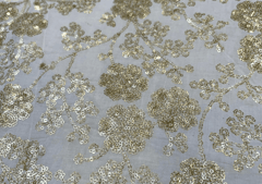 Dyeable Embroidered Cotton White Golden Floral