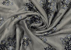 Embroidered Cotton Satin Grey Floral Motifs