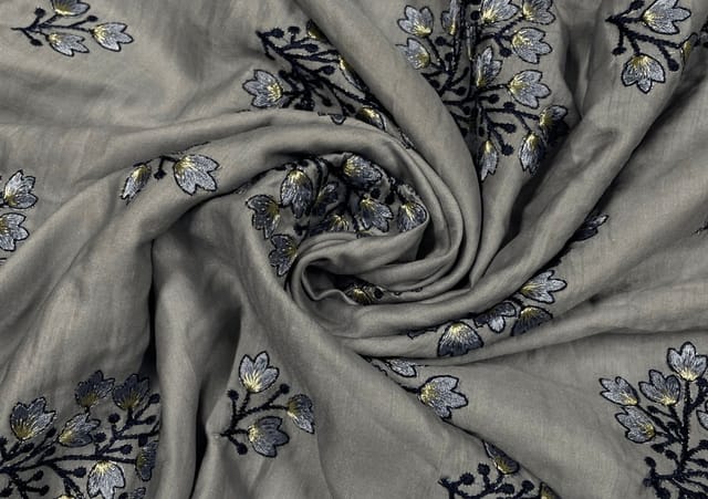 Embroidered Cotton Satin Grey Floral Motifs