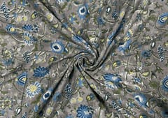 Grey Blue Floral Printed Cotton Voil Fabric
