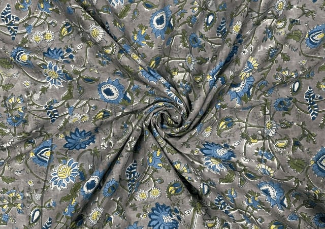 Grey Blue Floral Printed Cotton Voil Fabric