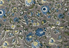 Grey Blue Floral Printed Cotton Voil Fabric