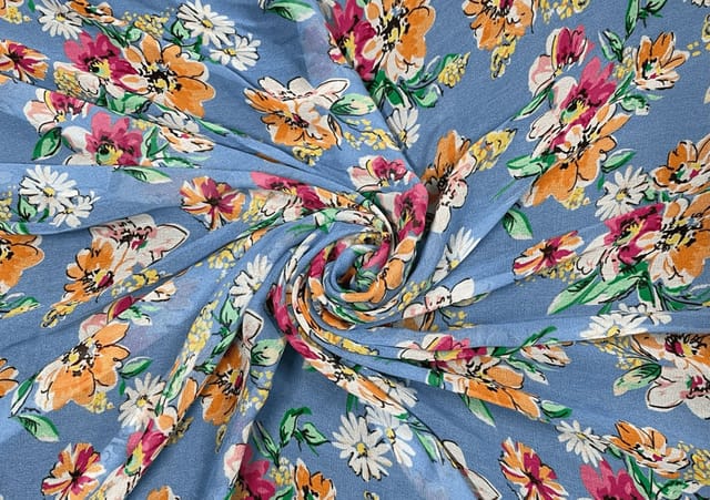 Printed Georgette Blue MultiColour Floral Fabric