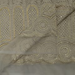 White Color Net Sequins and Thread Embroidered Fabric