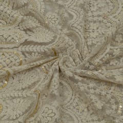 White Color Net Sequins and Thread Embroidered Fabric