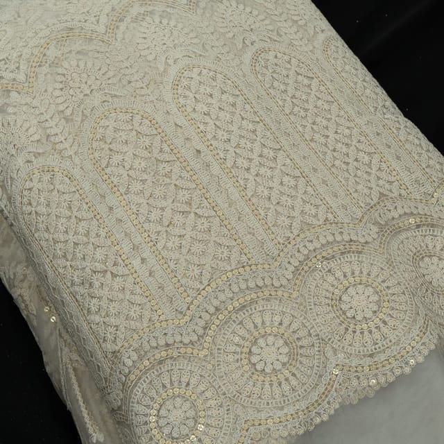 White Color Net Sequins and Thread Embroidered Fabric