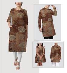 Brown With Golden Shades Floral Muslin Printed Fabric