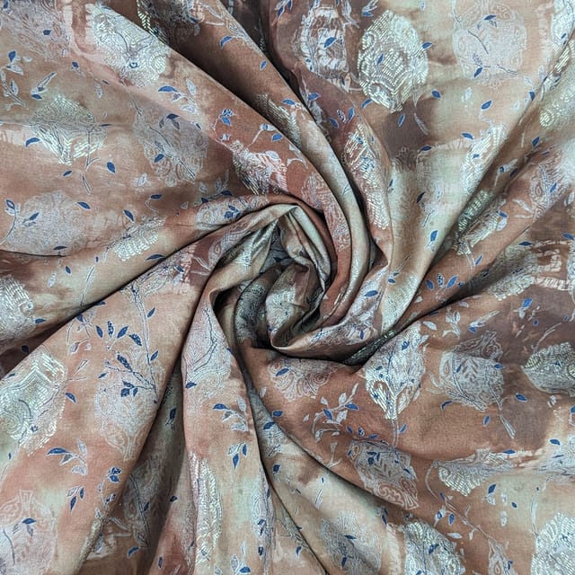 Brown With Golden Shades Floral Muslin Printed Fabric