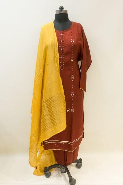 Maroon Monga Silk Faux Mirror Embroidered Suit Set