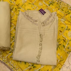 Fawn Hand-embroidered Suit Set with Print Dupatta