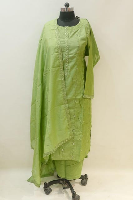 Green Chanderi Mirror Embroidered Suit Set