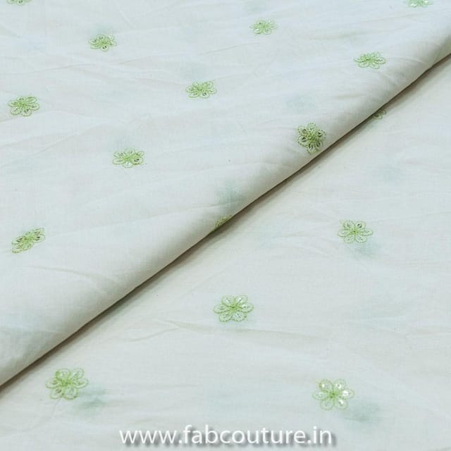 Off-White Cotton with Green Booti Embroidery (1.7Mtr Piece)