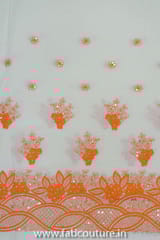 Off-white Cotton with Orange Border Embroidered Fabric
