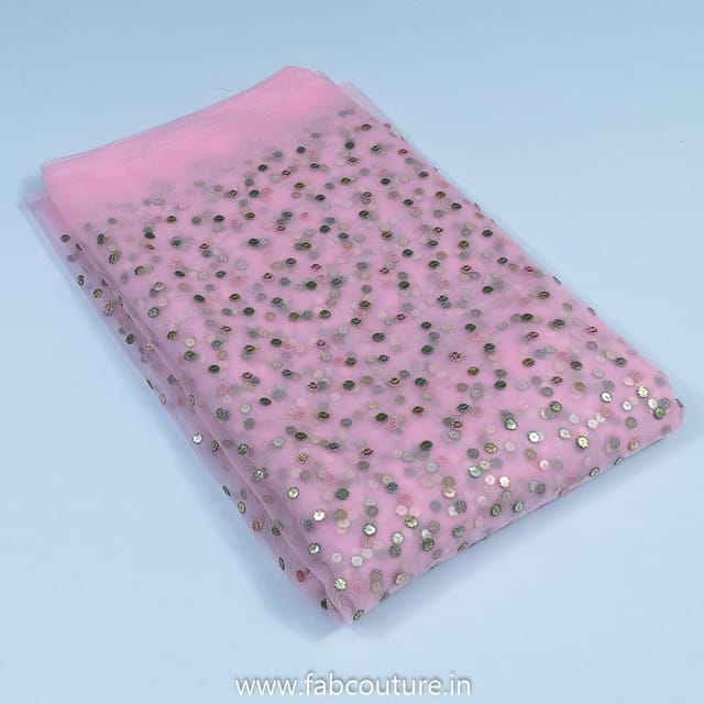 Pink Colour Net Embroidered Fabric