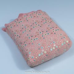 Pink Color Poly Georgette Thread and Mirror Embroidered Fabric