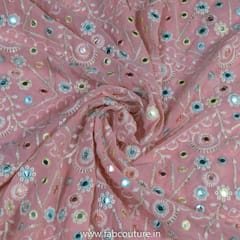 Pink Color Poly Georgette Thread and Mirror Embroidered Fabric