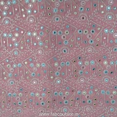 Pink Color Poly Georgette Thread and Mirror Embroidered Fabric