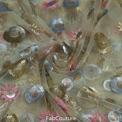 Beige Colour Net Embroidered Fabric