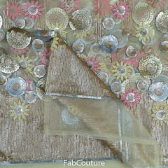 Beige Colour Net Embroidered Fabric