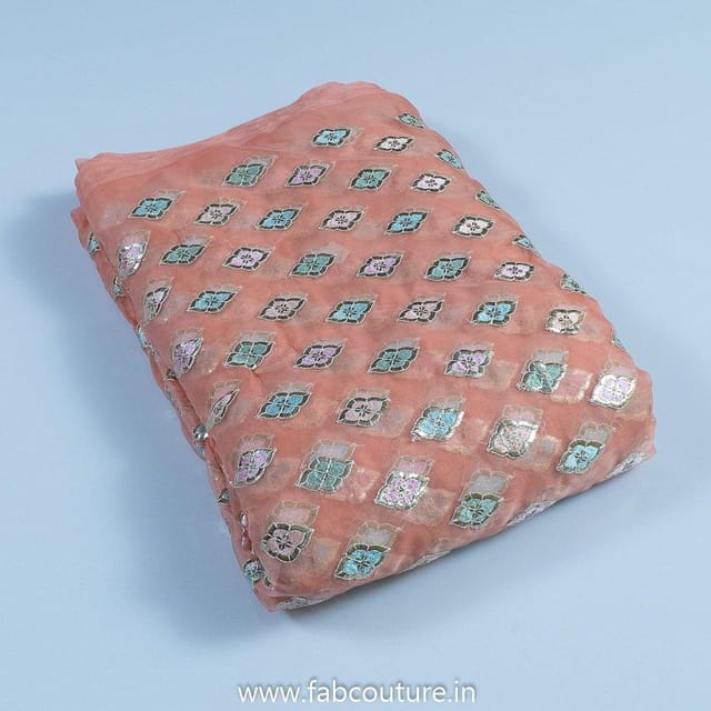 Peach Organza Embroidered Fabric