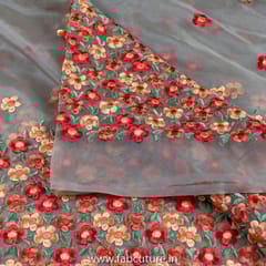 Beige Colour Organza  Embroidered Fabric