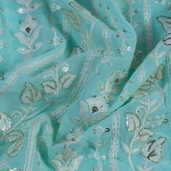 Firozi Colour Georgette Thread Embroidered Fabric