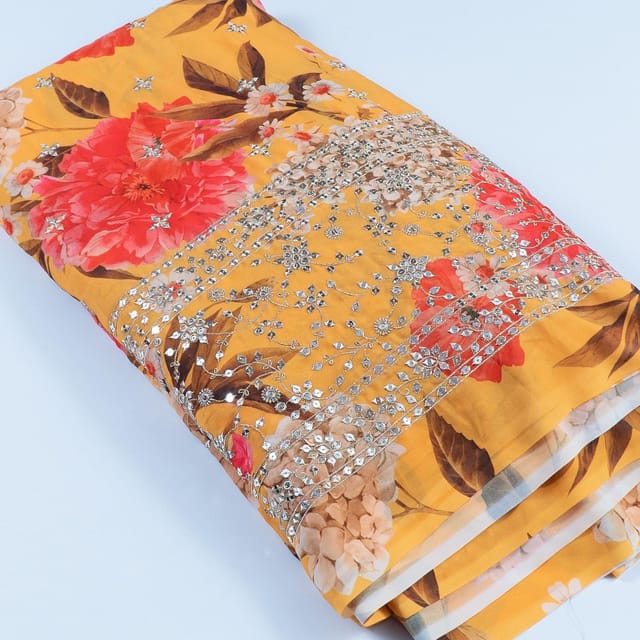Mustard Color Georgette Digital Print With Sequins & Faux Mirror Embroidered Fabric
