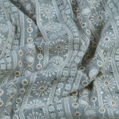 Grey Colour Georgette Thread Embroidered Fabric