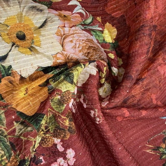 Maroon Chinon Chiffon Print With Embroidery(90Cmt Piece)